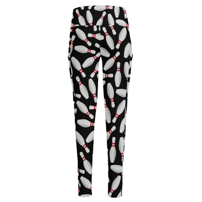 Black Bowling Pins Pattern Print High-Waisted Pocket Leggings