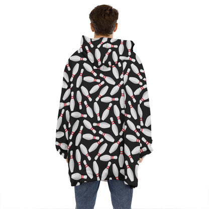 Black Bowling Pins Pattern Print Hoodie Blanket