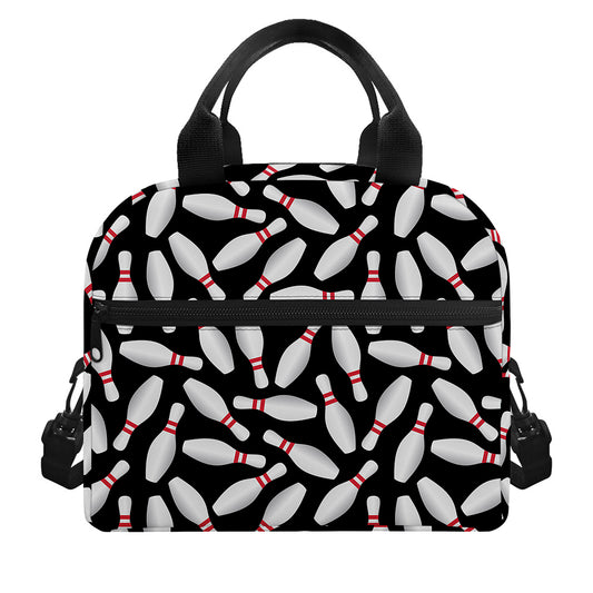 Black Bowling Pins Pattern Print Insulated Lunch Bag