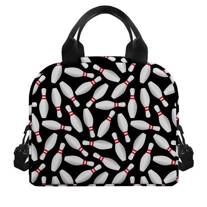 Black Bowling Pins Pattern Print Insulated Lunch Bag