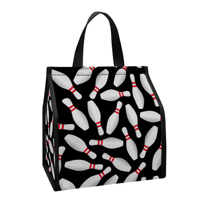 Black Bowling Pins Pattern Print Insulated Lunch Tote