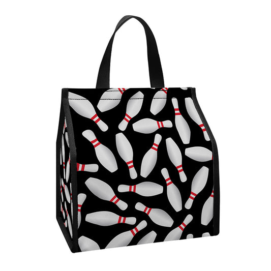 Black Bowling Pins Pattern Print Insulated Lunch Tote