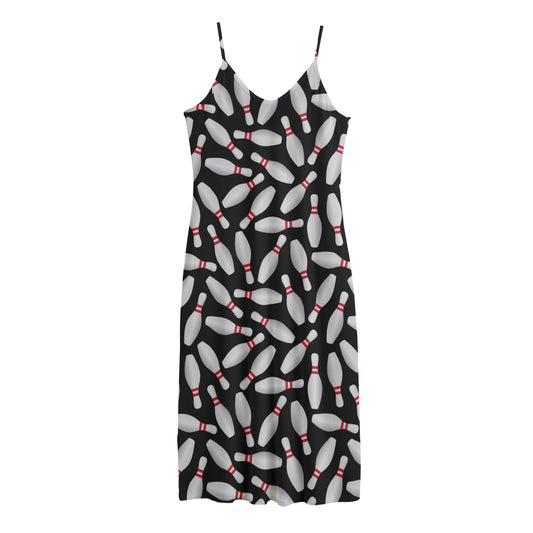 Black Bowling Pins Pattern Print Jersey Midi Cami Dress