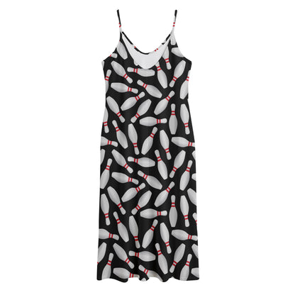 Black Bowling Pins Pattern Print Jersey Midi Cami Dress