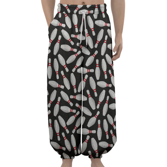 Black Bowling Pins Pattern Print Lantern Pants