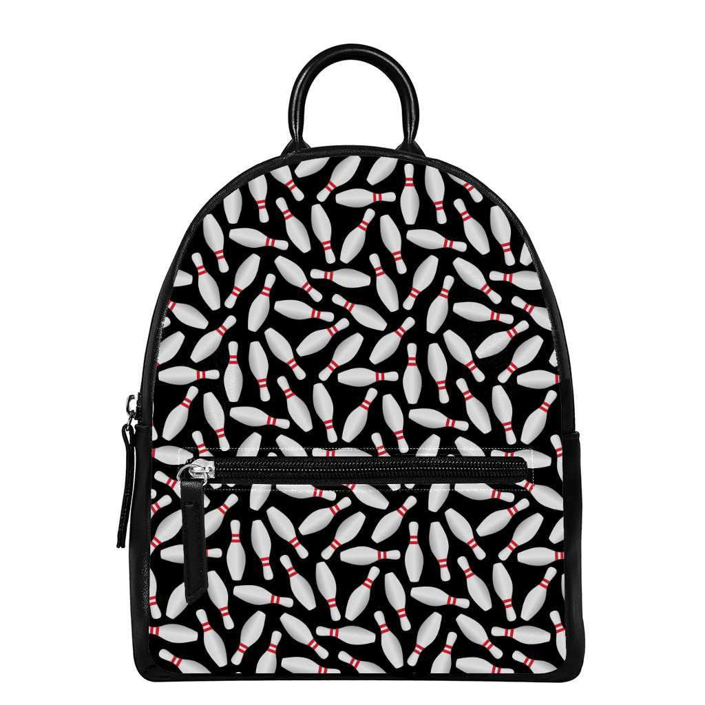 Black Bowling Pins Pattern Print Leather Backpack