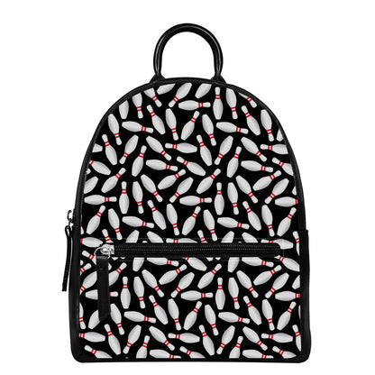 Black Bowling Pins Pattern Print Leather Backpack
