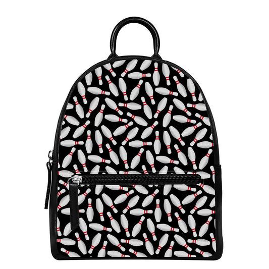 Black Bowling Pins Pattern Print Leather Backpack