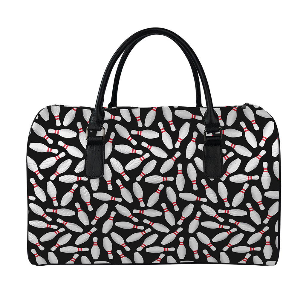 Black Bowling Pins Pattern Print Leather Duffle Bag