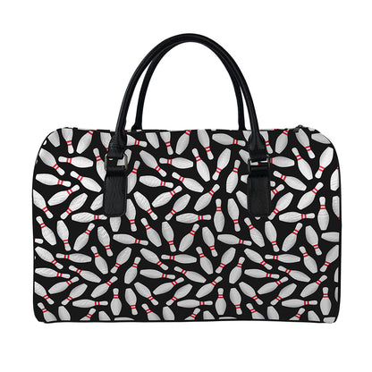 Black Bowling Pins Pattern Print Leather Duffle Bag