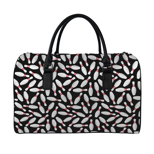 Black Bowling Pins Pattern Print Leather Duffle Bag