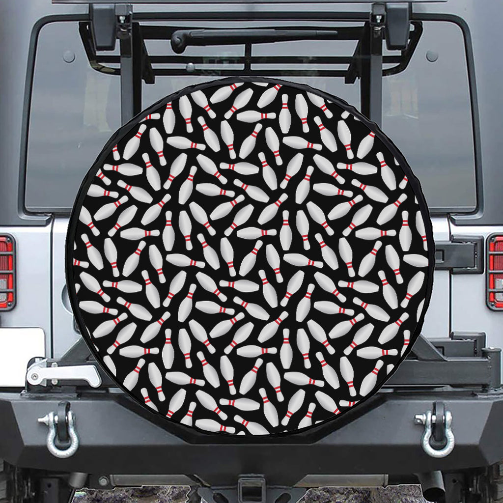 Black Bowling Pins Pattern Print Leather Spare Tire Cover