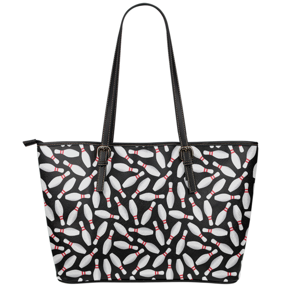 Black Bowling Pins Pattern Print Leather Tote Bag