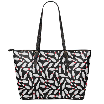 Black Bowling Pins Pattern Print Leather Tote Bag