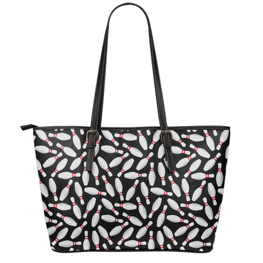 Black Bowling Pins Pattern Print Leather Tote Bag