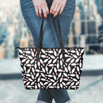 Black Bowling Pins Pattern Print Leather Tote Bag