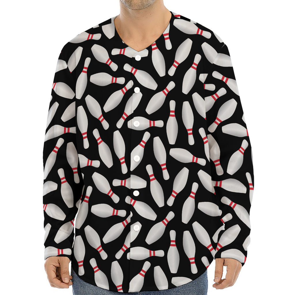 Black Bowling Pins Pattern Print Long Sleeve Baseball Jersey