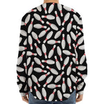 Black Bowling Pins Pattern Print Long Sleeve Baseball Jersey