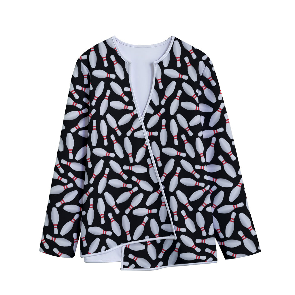 Black Bowling Pins Pattern Print Long Sleeve Short Coat