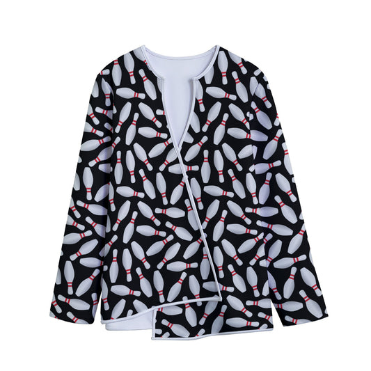 Black Bowling Pins Pattern Print Long Sleeve Short Coat