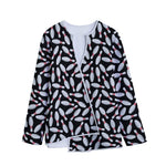 Black Bowling Pins Pattern Print Long Sleeve Short Coat