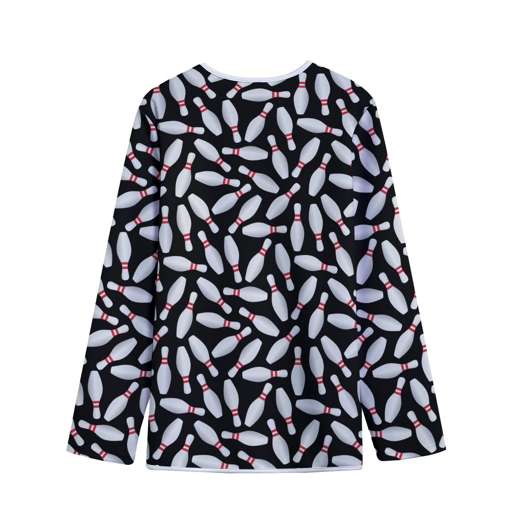 Black Bowling Pins Pattern Print Long Sleeve Short Coat