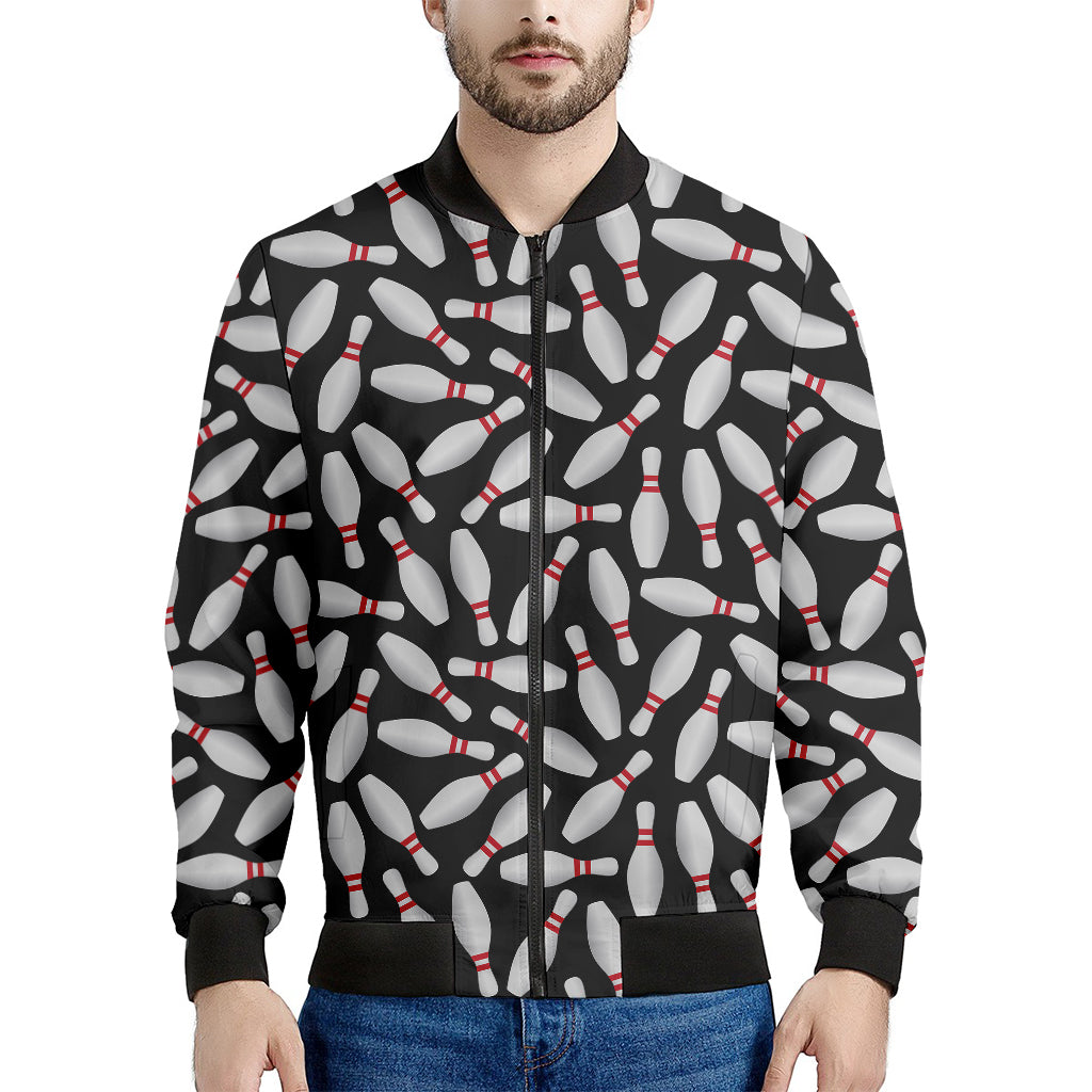 Black Bowling Pins Pattern Print Men's Bomber Jacket
