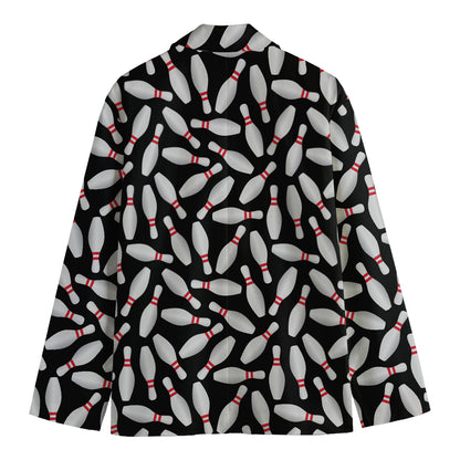Black Bowling Pins Pattern Print Men's Cotton Blazer