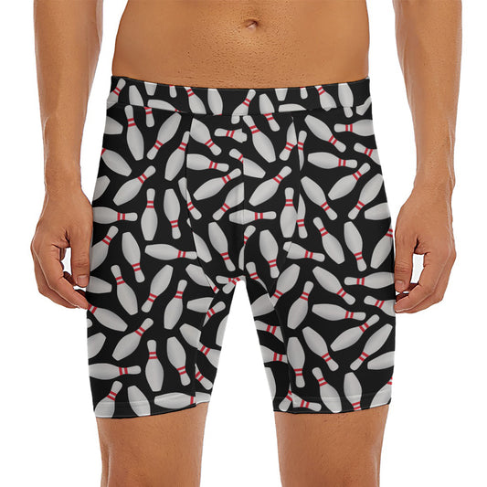 Black Bowling Pins Pattern Print Men's Long Boxer Briefs