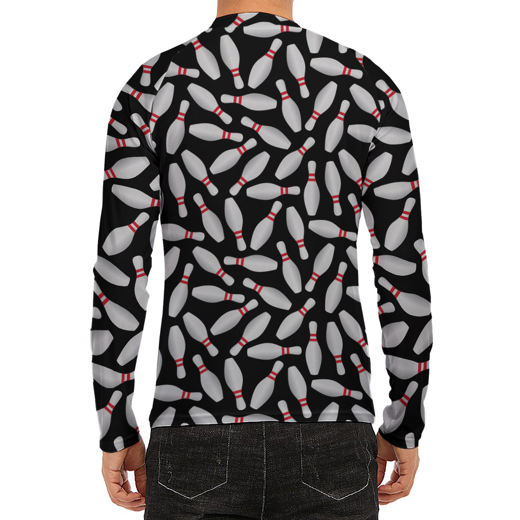 Black Bowling Pins Pattern Print Men's Long Sleeve Rash Guard