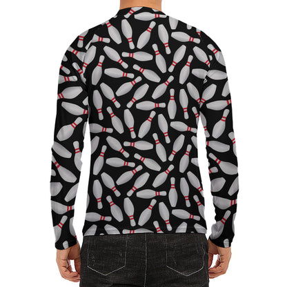 Black Bowling Pins Pattern Print Men's Long Sleeve Rash Guard