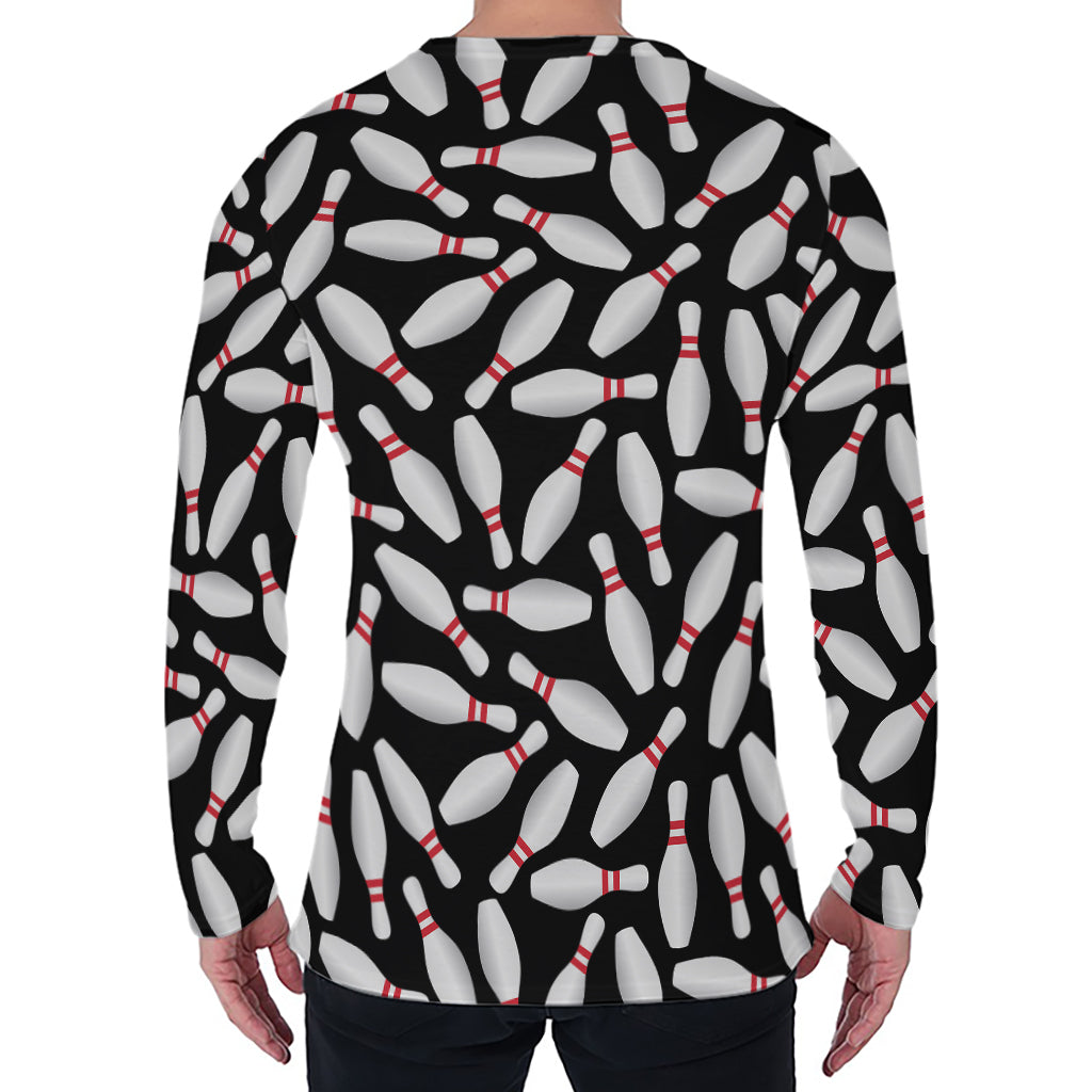 Black Bowling Pins Pattern Print Men's Long Sleeve T-Shirt