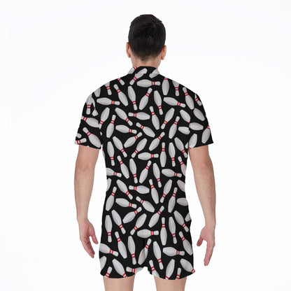 Black Bowling Pins Pattern Print Men's Rompers