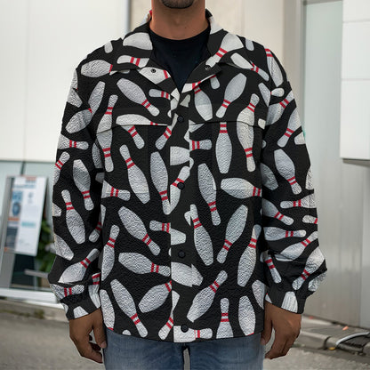 Black Bowling Pins Pattern Print Men's Shirt Jacket