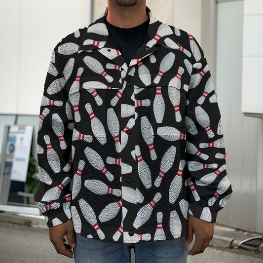 Black Bowling Pins Pattern Print Men's Shirt Jacket