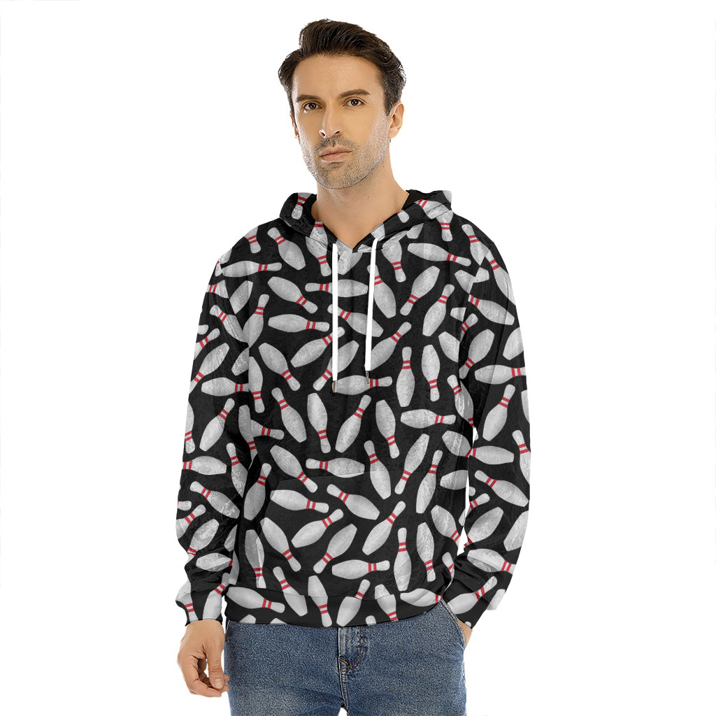 Black Bowling Pins Pattern Print Men's Velvet Pullover Hoodie