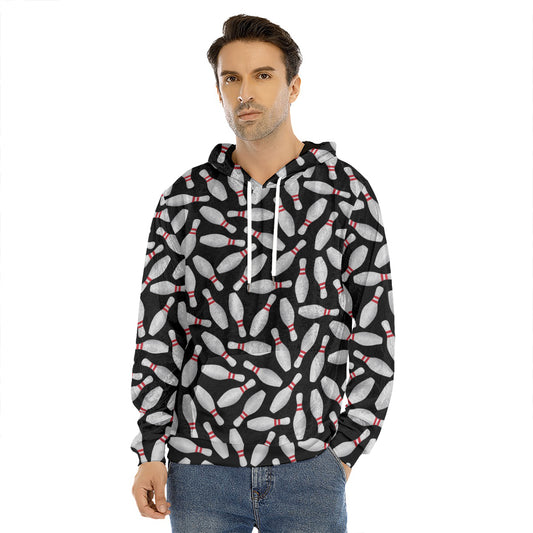 Black Bowling Pins Pattern Print Men's Velvet Pullover Hoodie