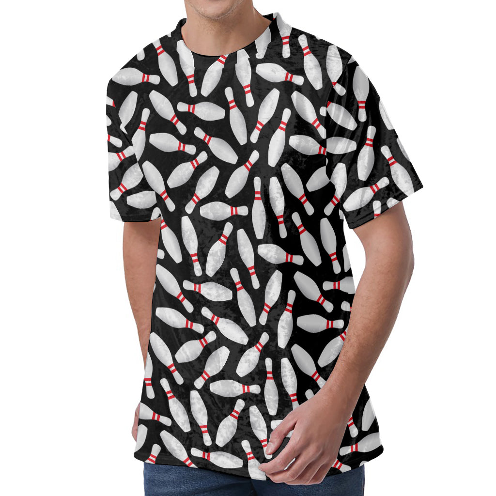 Black Bowling Pins Pattern Print Men's Velvet T-Shirt