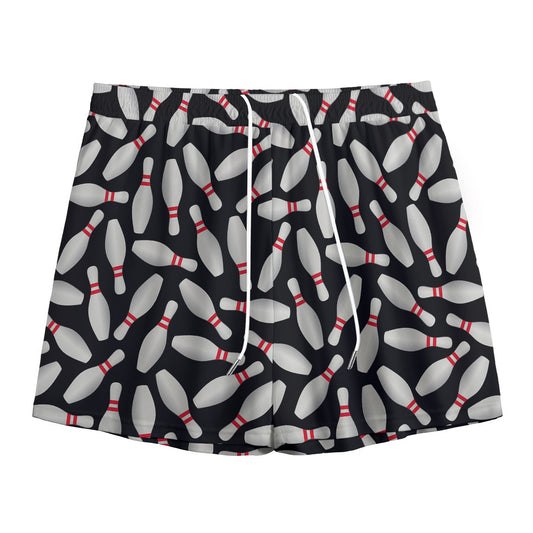 Black Bowling Pins Pattern Print Mesh Shorts