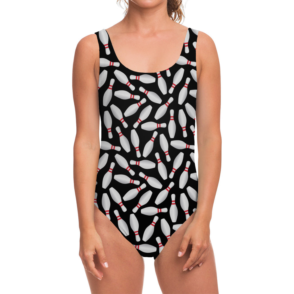 Black Bowling Pins Pattern Print One Piece Swimsuit