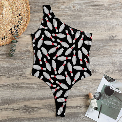 Black Bowling Pins Pattern Print One Shoulder Bodysuit