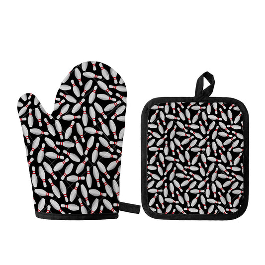 Black Bowling Pins Pattern Print Oven Mitt And Pot Holder Set