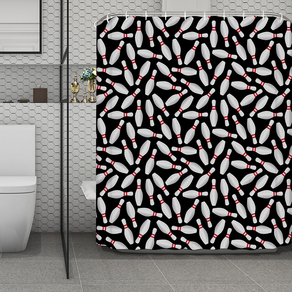 Black Bowling Pins Pattern Print Polyester Shower Curtain