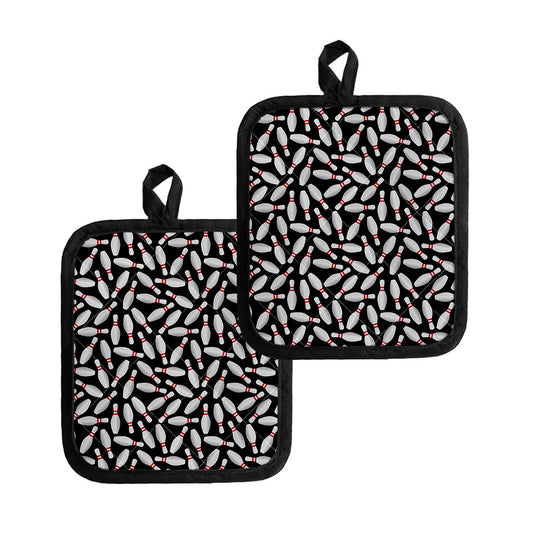 Black Bowling Pins Pattern Print Pot Holders