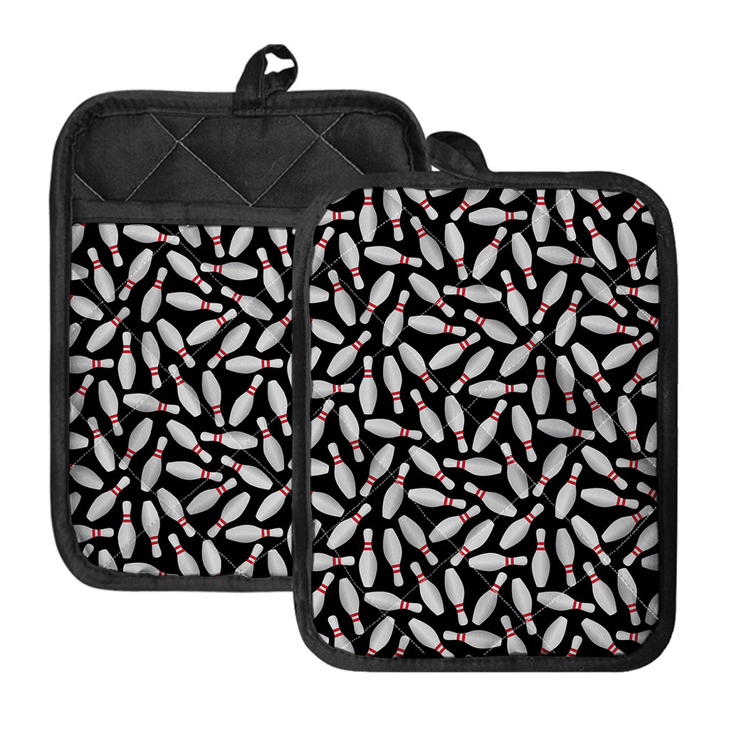 Black Bowling Pins Pattern Print Pot Holders With Pocket