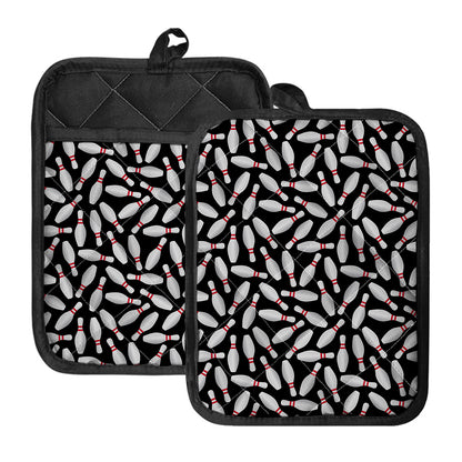 Black Bowling Pins Pattern Print Pot Holders With Pocket