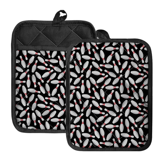 Black Bowling Pins Pattern Print Pot Holders With Pocket