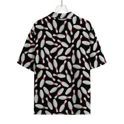 Black Bowling Pins Pattern Print Rayon Hawaiian Shirt