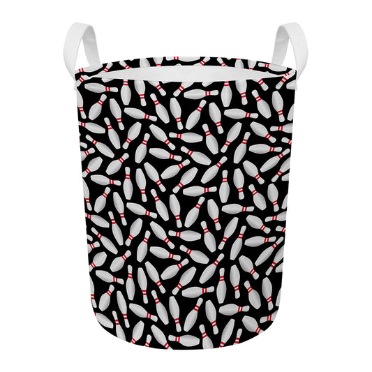 Black Bowling Pins Pattern Print Round Laundry Basket