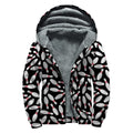 Black Bowling Pins Pattern Print Sherpa Lined Zip Up Hoodie